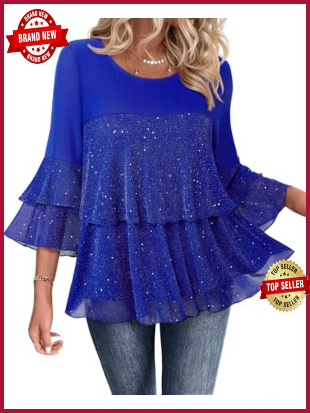 Sparkly Peplum Top 3/4 Sleeve Ruffles Elegant Evening Blouse